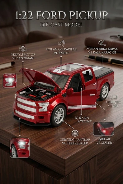 1:22 Ölçek Metal Ford Pickup Model Araba - Sesli, Işıklı ve Çek Bırak Off-Road Oyuncak Arazi Aracı ürün görseli 1
