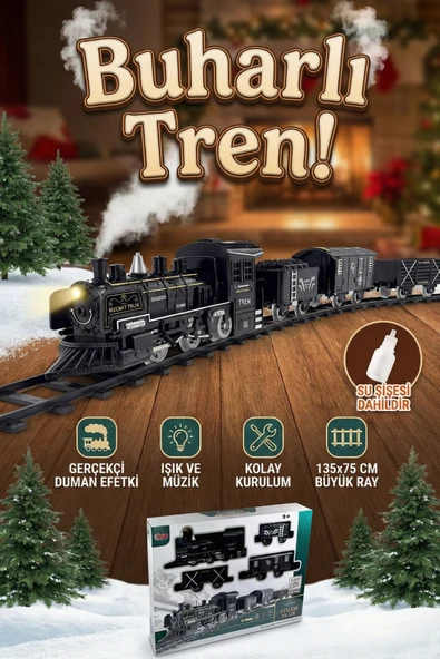 Oyuncak Pilli Raylı Tren Seti - Gerçekçi Buhar, Işık ve Ses Efektli - 15 Parça Büyük Boy (135x75 cm) ürün görseli 1
