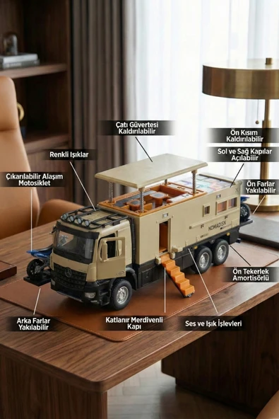 Metal Çek Bırak Karavan Kamyon - Sesli Işıklı, Açılabilir Tavanlı ve Motosikletli Kamp Aracı (23cm) ürün görseli 1