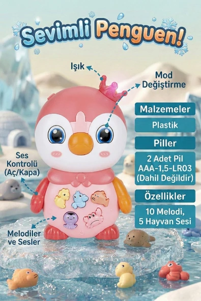 Müzikli ve Işıklı Penguen İnteraktif Bebek Oyuncağı 10 Melodi 5 Hayvan Sesi ürün görseli 1