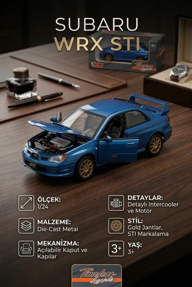 MotorMax Subaru Impreza WRX STI 1:24 Ölçek Mavi Metal Model Araba - Açılır Kapı ve Kaput ürün görseli 1