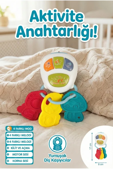 Bebek Araba Anahtarı ve Yumuşak Diş Kaşıyıcı Oyuncak - 4 Farklı Mod, Sesli Aktivite Anahtarlığı ürün görseli 1