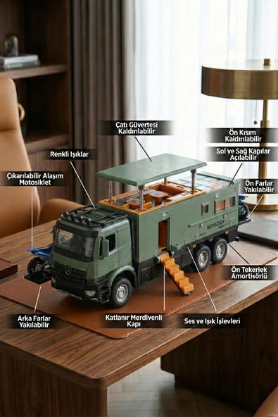 Metal Çek Bırak Karavan Kamyon - Sesli Işıklı, Açılabilir Tavanlı ve Motosikletli Kamp Aracı (23cm) ürün görseli 1