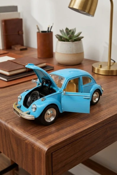 Nostaljik Beetle Vosvos Oyuncak Araba - 17cm Büyük Boy - Sesli Işıklı ve Sürtmeli - Mavi Model Araba ürün görseli 1