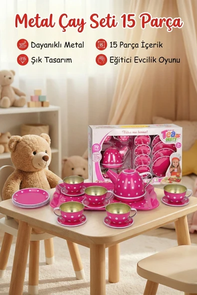 Pembe Puantiyeli Metal Oyuncak Çay Seti 15 Parça - Eğitici Teneke Evcilik Mutfak Oyun Takımı ürün görseli 1