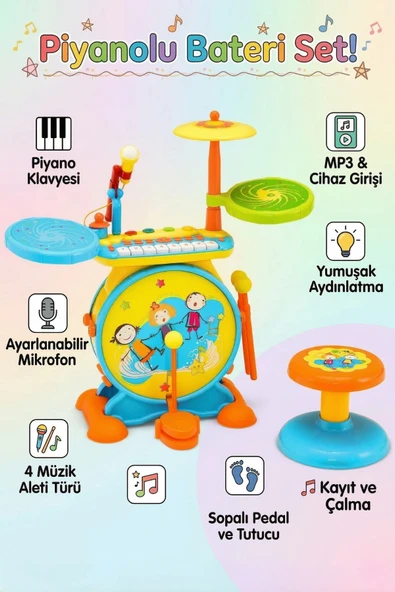Işıklı Piyanolu Bateri Seti - Mikrofonlu, Tabureli ve MP3 Bağlantılı Çocuk Müzik Eğitim Seti ürün görseli 1