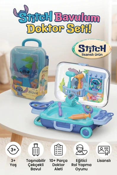 Stitch Lisanslı Çekçekli Bavul Doktor Seti 10+ Parça Eğitici Oyuncak 3+ Yaş ürün görseli 1