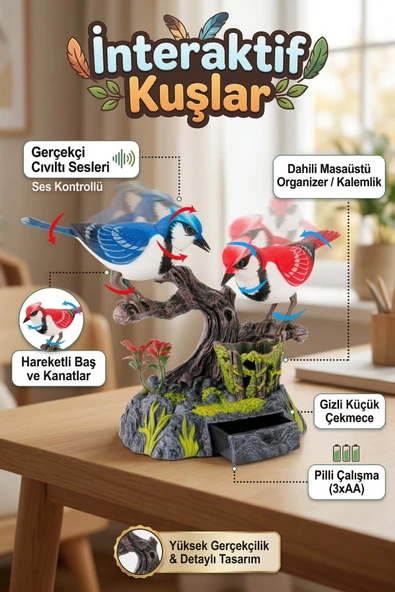 Sesli ve Hareketli İnteraktif Kuşlar Oyuncak - Kalemlikli Masaüstü Organizer ve Gizli Çekmeceli ürün görseli 1