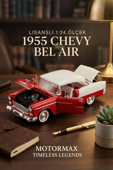Motormax 1:24 1955 Chevy Bel Air Diecast Metal Model Araba Kırmızı Beyaz ürün görseli 1