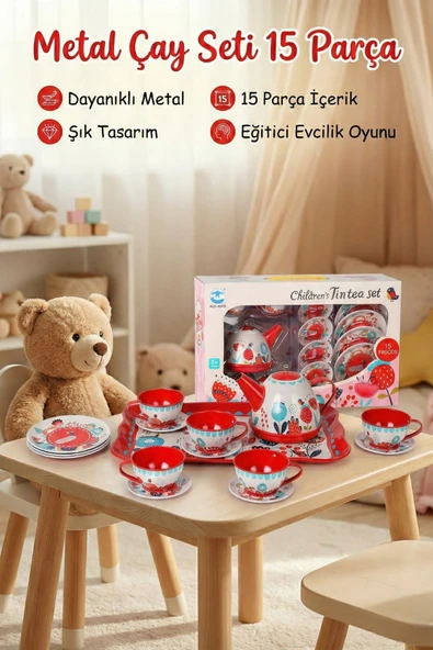 Metal Oyuncak Çay Seti 15 Parça - Eğitici Evcilik Mutfak Oyunu - Kırılmaz Çay Takımı ürün görseli 1