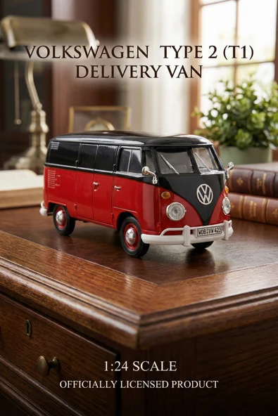Motormax 1:24 Volkswagen Type 2 T1 Minibüs Model Araba - Kırmızı Siyah Metal Diecast Koleksiyon ürün görseli 1