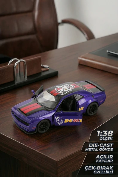 1:38 Ölçek Dodge Challenger Demon Metal Oyuncak Araba - Çek Bırak Açılır Kapılı Mor ürün görseli 1