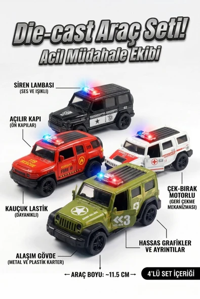 4'lü Die-Cast Metal Oyuncak Araba Seti - Sesli Işıklı Çek Bırak İtfaiye Polis Ambulans Askeri Araç ürün görseli 1