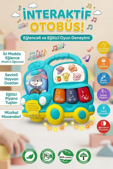 Eğitici Müzikli İnteraktif Bebek Otobüsü - Işıklı Sesli Hayvanlı Piyano Oyuncak - 6+ Ay ürün görseli 1