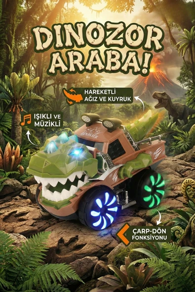 Hareketli Dinozor Oyuncak Araba - Işıklı, Müzikli, Çarp Dön Özellikli T-Rex Kamyon - 2 Yaş+ ürün görseli 1