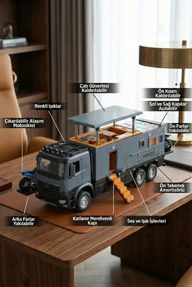 Metal Çek Bırak Karavan Kamyon - Sesli Işıklı, Açılabilir Tavanlı ve Motosikletli Kamp Aracı (23cm) ürün görseli 1