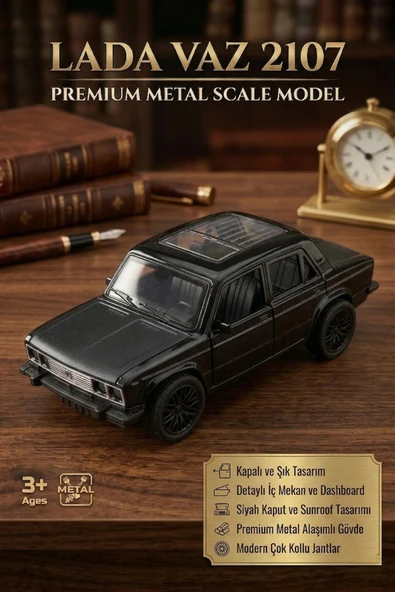 Metal Oyuncak Araba Lada VAZ 2107 Açılabilir Kapı ve Kaput Detaylı Klasik Maket Araba 12.5 cm Siyah ürün görseli 1