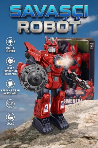 Işıklı Müzikli Buhar Püskürten Savaşçı Robot 34 Cm Büyük Boy Oyuncak - Mavi/Kırmızı ürün görseli 1