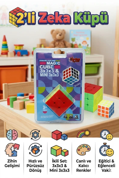 2'li Zeka Küpü Seti - Standart 3x3x3 & Mini 3x3x3 - Hızlı Dönen Etiketsiz Eğitici Akıl Oyuncağı ürün görseli 1
