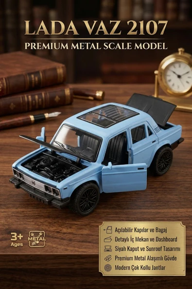 Metal Oyuncak Araba Lada VAZ 2107 Açılabilir Kapı ve Kaput Detaylı Klasik Maket Araba 12.5 cm Mavi ürün görseli 1