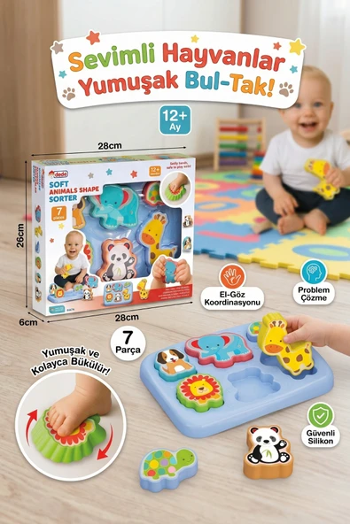 7 Parça Yumuşak Hayvan Şekilli Bul-Tak Eğitici Bebek Oyuncağı (12+ Ay) ürün görseli 1