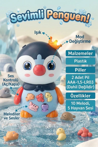 Müzikli ve Işıklı Penguen İnteraktif Bebek Oyuncağı 10 Melodi 5 Hayvan Sesi ürün görseli 1