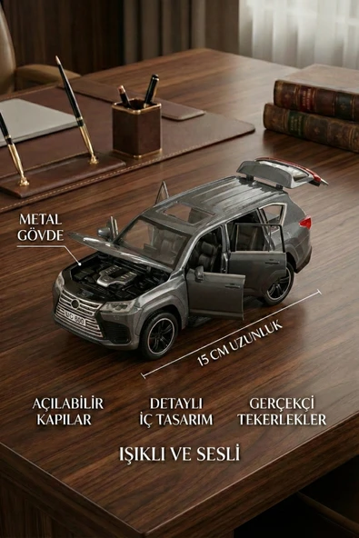 1:32 Ölçek Metal Model Araba LX600 Lüks SUV Jip - Işıklı Sesli Çek Bırak - Gri ürün görseli 1