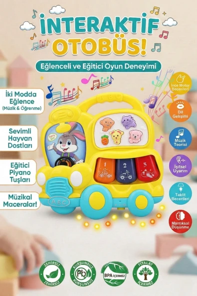 Eğitici Müzikli İnteraktif Bebek Otobüsü - Işıklı Sesli Hayvanlı Piyano Oyuncak - 6+ Ay ürün görseli 1