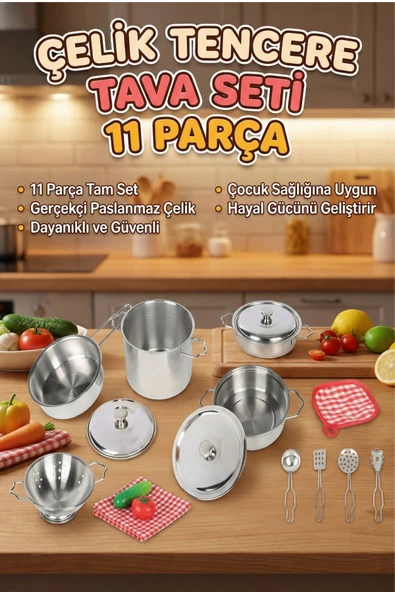 11 Parça Metal Oyuncak Tencere Tava Seti - Paslanmaz Çelik Gerçekçi Evcilik Mutfak Oyun Seti ürün görseli 1