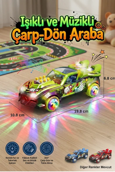 Işıklı ve Müzikli Şeffaf Dişli Oyuncak Araba 360 Derece Dönen Çarp Dön Hareketli Araba Yeşil ürün görseli 1