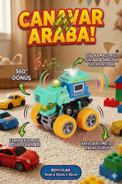 Işıklı Ve Sesli Dinozor Canavar Kamyon - 360° Dönen Sürtmeli Akrobasi Arabası - Oyuncak Araba ürün görseli 1