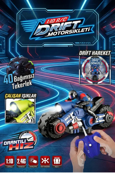 1:10 Uzaktan Kumandalı RC Drift Akrobasi Motorsikleti - 360 Derece Dönüş - Işıklı - 2.4 GHz ürün görseli 1