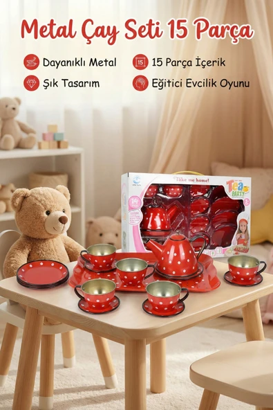 Kırmızı Puantiyeli Metal Oyuncak Çay Seti 15 Parça - Eğitici Teneke Evcilik Mutfak Oyun Takımı ürün görseli 1