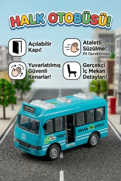 Oyuncak Otobüs Kapıları Açılabilen Sürtmeli Pilsiz Güvenli Minibüs Araba ürün görseli 1