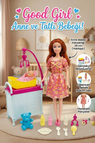 Good Girl Anne ve Tatlı Bebeği Bakım Seti - 29 cm Aksesuarlı Oyuncak Bebek ve Beşik ürün görseli 1