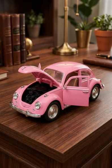 Nostaljik Vosvos Oyuncak Araba - 17cm Büyük Boy - Sesli Işıklı ve Sürtmeli - Pembe Model Araba ürün görseli 1