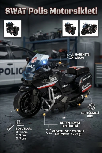 SWAT Polis Motorsikleti Sürtünmeli Hareketli Gidonlu Oyuncak Motor ürün görseli 1