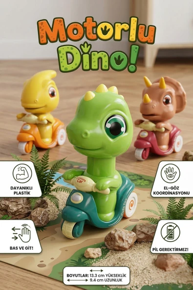 Bas-Git Sürtmeli Dinozor Motosiklet Oyuncak - Eğitici Ve Eğlenceli Dino Figürlü Araba (Pilsiz) ürün görseli 1