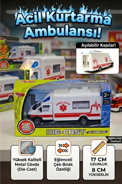 Vardem Metal Oyuncak Ambulans - Çek Bırak Özellikli, Açılabilir Arka Kapılı Die-Cast Kurtarma Aracı ürün görseli 1