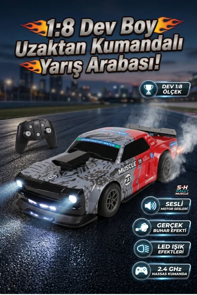 1:8 Dev Boy Uzaktan Kumandalı Yarış Arabası | 2.4 GHz | Sesli, Işıklı ve Duman (Buhar) Efektli ürün görseli 1