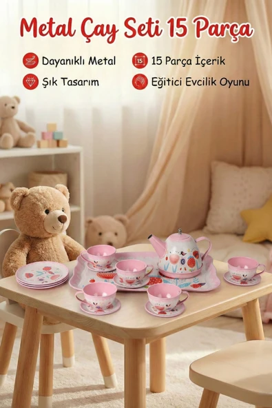 Metal Oyuncak Çay Seti 15 Parça - Eğitici Evcilik Mutfak Oyunu - Kırılmaz Çay Takımı ürün görseli 1