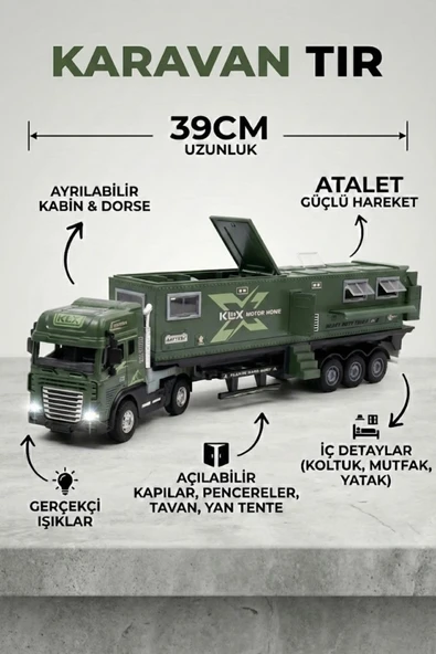 Oyuncak Tır Ve Karavan Seti Yeşil - 39cm Büyük Boy Metal Kupa Işıklı Sesli Çek Bırak Oyuncak Araba ürün görseli 1