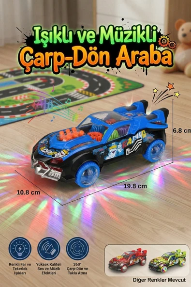 Işıklı ve Müzikli Şeffaf Dişli Oyuncak Araba 360 Derece Dönen Çarp Dön Hareketli Araba Mavi ürün görseli 1