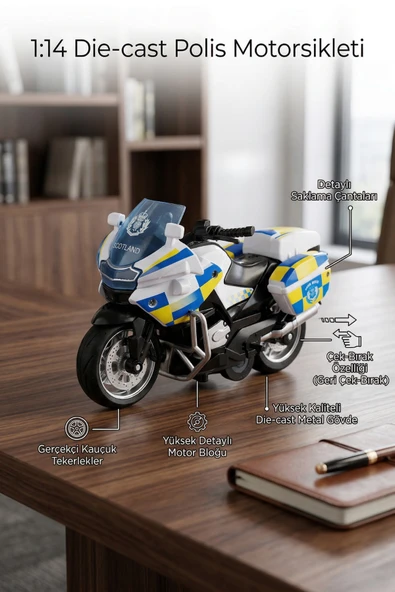 1:14 Ölçekli Die-Cast Metal Çek-Bırak Polis Motosikleti ürün görseli 1