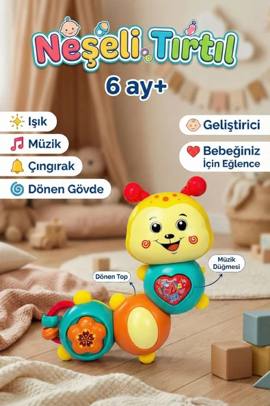 Eğitici Sesli ve Işıklı Neşeli Tırtıl Bebek Oyuncağı 6 Ay+ Zeka Geliştirici Çıngıraklı Müzikli ürün görseli 1