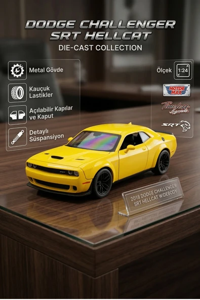Motor Max 1:24 Ölçek 2018 Dodge Challenger SRT Hellcat Widebody Diecast Model Araba - Sarı ürün görseli 1