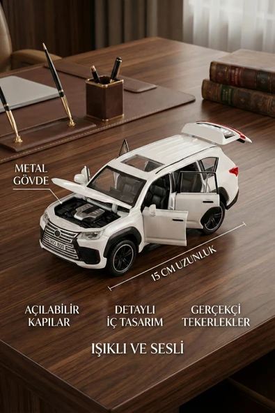 1:32 Ölçek Metal Model Araba LX600 Lüks SUV Jip - Işıklı Sesli Çek Bırak - Beyaz ürün görseli 1