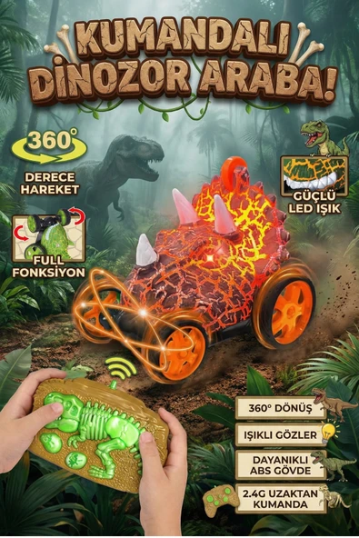 Dinozor T-Rex Uzaktan Kumandalı Araba - 360° Dönen Işıklı Akrobat Oyuncak - Şarjlı ve Dayanıklı ürün görseli 1