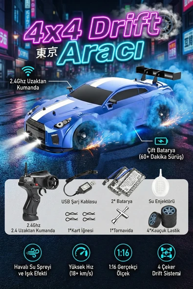 Uzaktan Kumandalı 4x4 RC Drift Arabası Işıklı Buhar Efektli Duman Atan Şarjlı Çift Bataryalı 1:16 ürün görseli 1