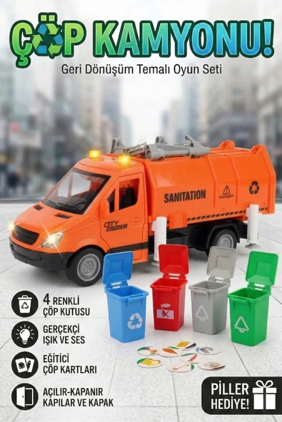 Çöp Kamyonu Oyuncak Seti - Sesli Işıklı Geri Dönüşüm Arabası - 4 Renkli Çöp Kutulu ve Kartlı - 27 cm ürün görseli 1